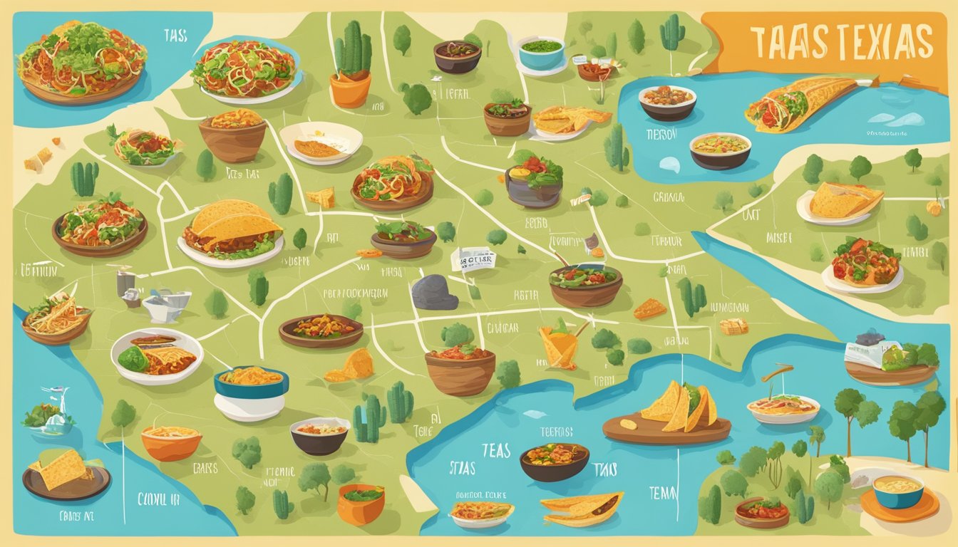 A colorful map of Texas with various illustrations of gourmet tacos and their locations marked across the state