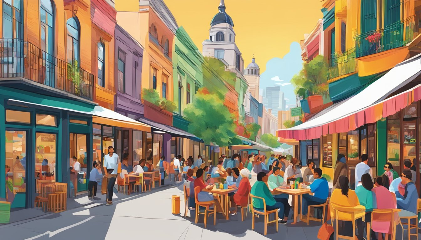 A bustling street in Melbourne, with colorful storefronts and outdoor seating, showcasing the vibrant atmosphere of the best Mexican restaurants