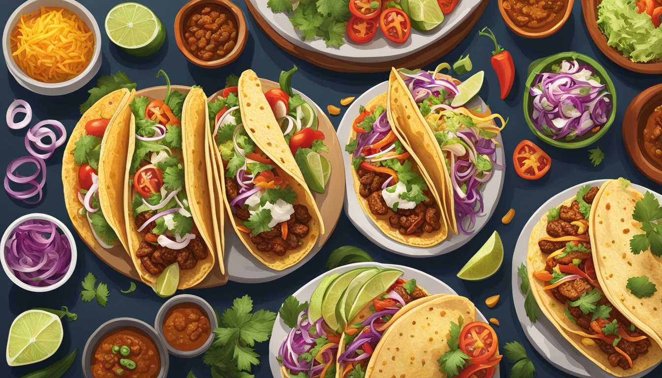 A colorful array of oversized tacos on a table, each topped with a variety of spicy and savory ingredients, surrounded by a festive atmosphere