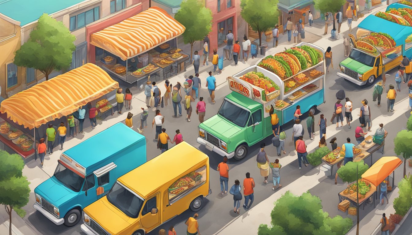 A bustling street with colorful taco trucks lined up, serving a variety of delicious tacos to eager customers