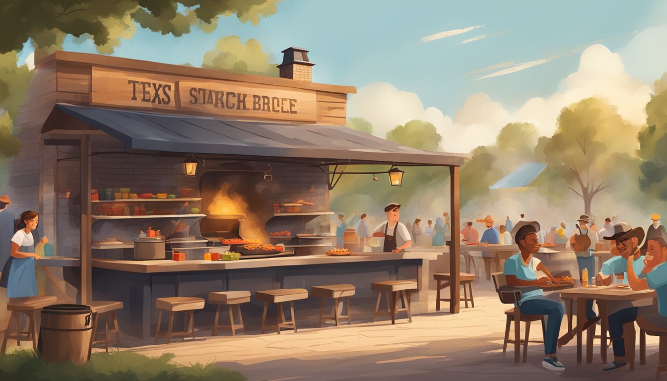 A smoky outdoor barbecue with a rustic Texas-style smoker, surrounded by picnic tables and a lively, bustling atmosphere