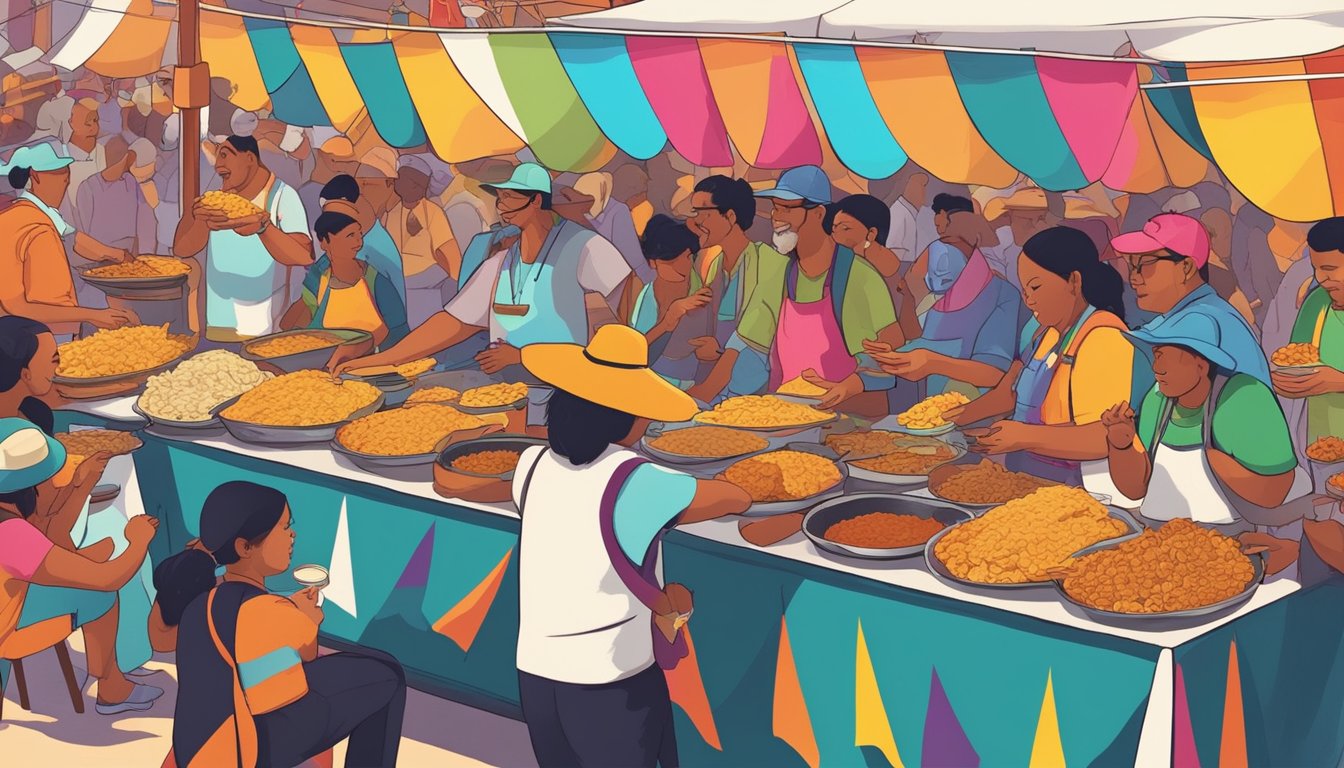 A colorful festival scene with various taco vendors competing for the top spot in Texas. The aroma of sizzling meat and spices fills the air as people sample and judge the delicious offerings