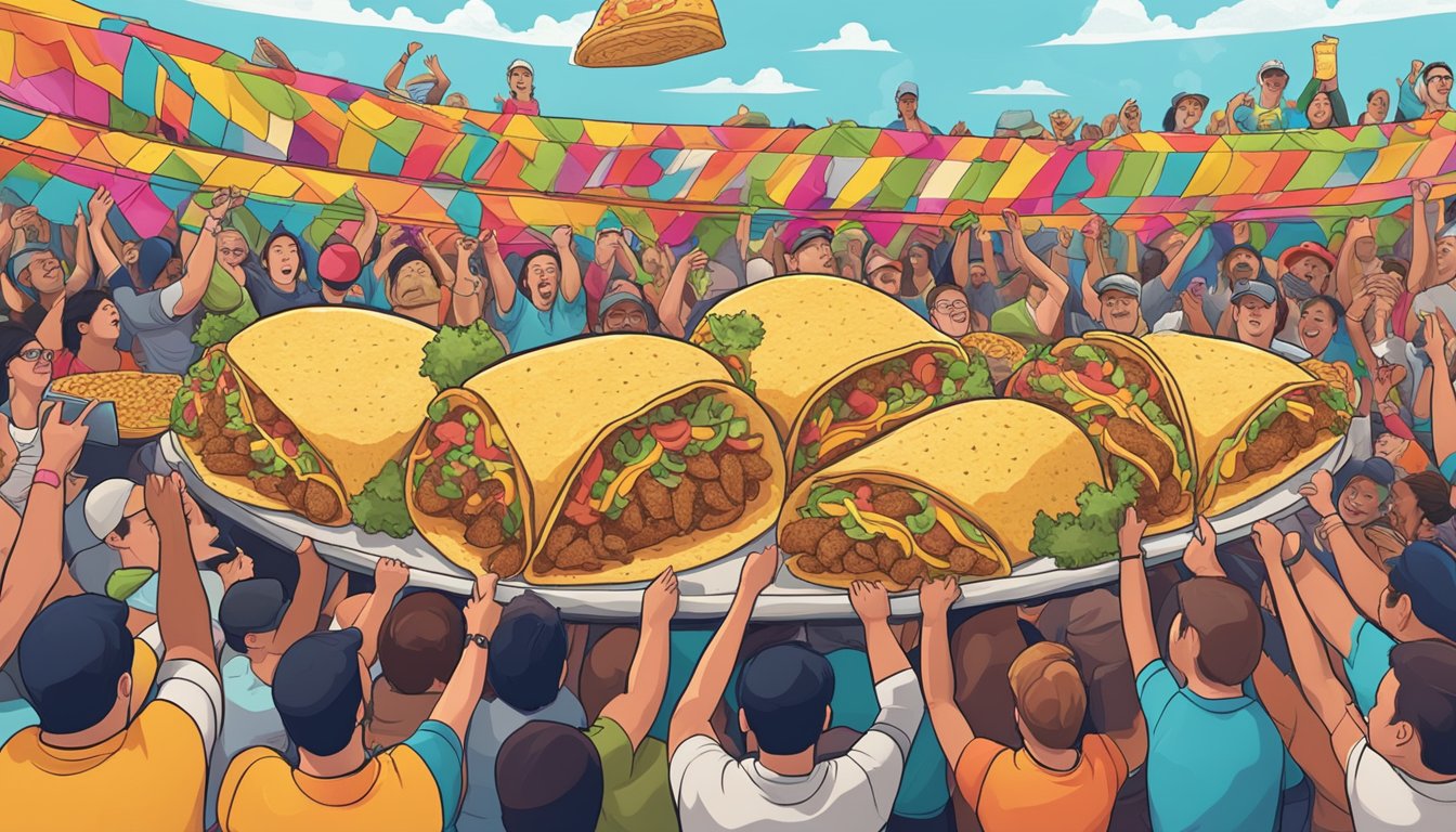 A colorful mural of oversized tacos with various fillings, surrounded by a crowd of onlookers cheering on participants in a taco-eating challenge