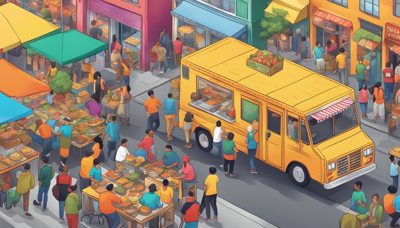 A bustling street lined with colorful taco trucks, each adorned with vibrant signage and bustling with hungry customers