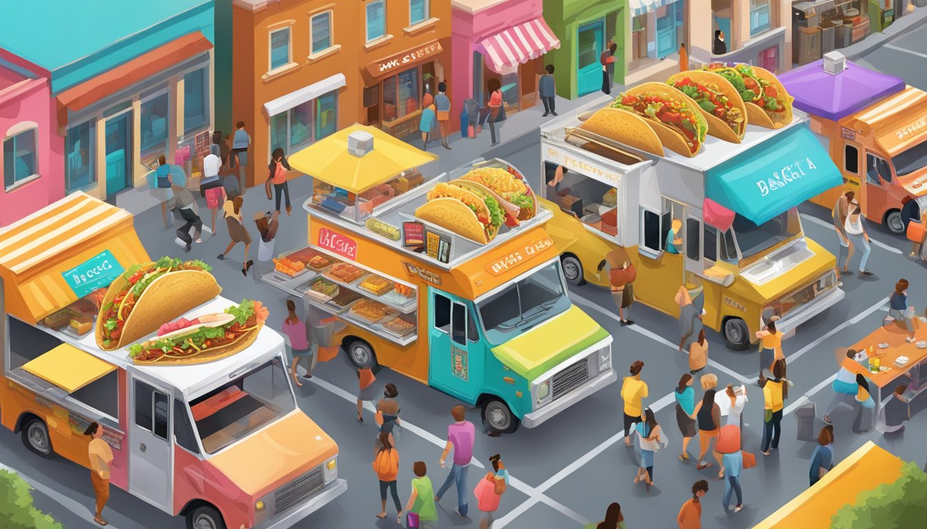 A bustling street lined with colorful taco trucks, each adorned with vibrant signage and surrounded by hungry customers