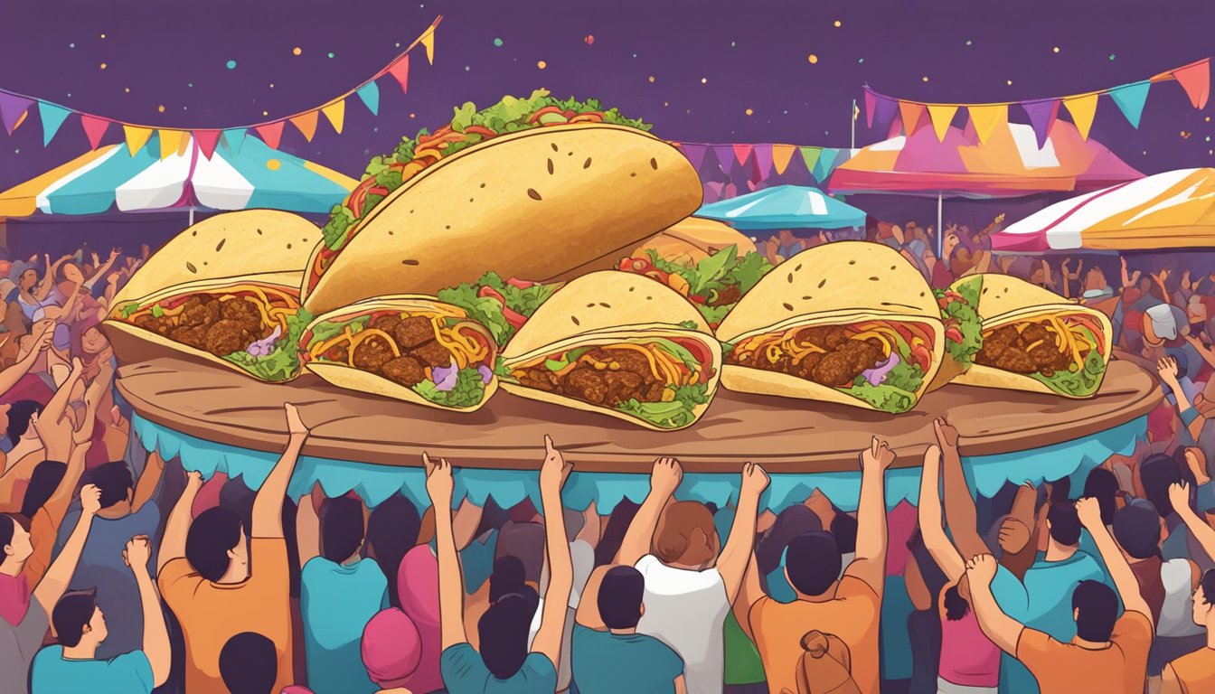 A colorful array of oversized tacos on display, surrounded by eager participants and cheering spectators at a lively Texas taco challenge event