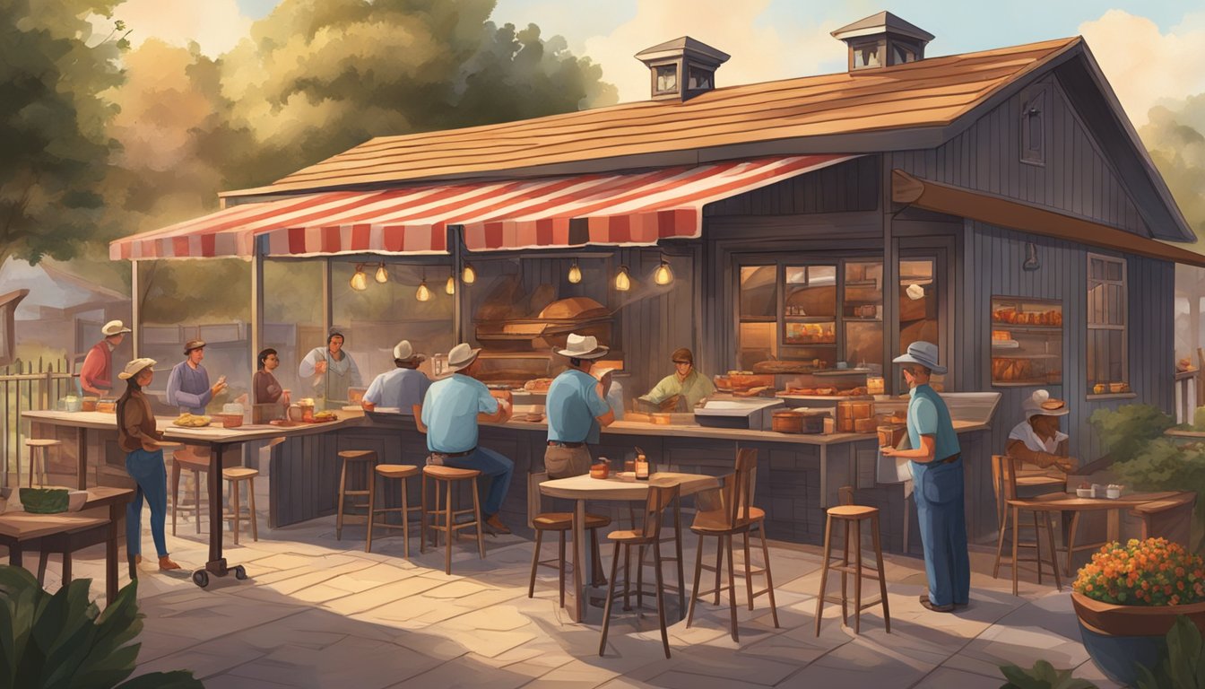 A bustling outdoor barbecue joint with a rustic, Texan-inspired decor, filled with the aroma of slow-cooked meats and the sound of sizzling grills