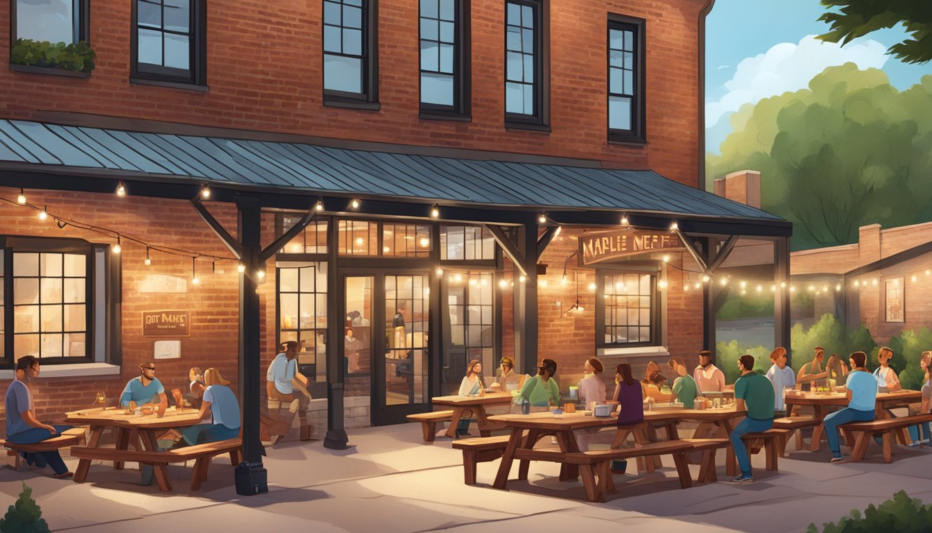 A bustling outdoor patio with wooden picnic tables and hanging string lights, surrounded by a rustic brick building with a large sign reading "Maple Block Meat Co."