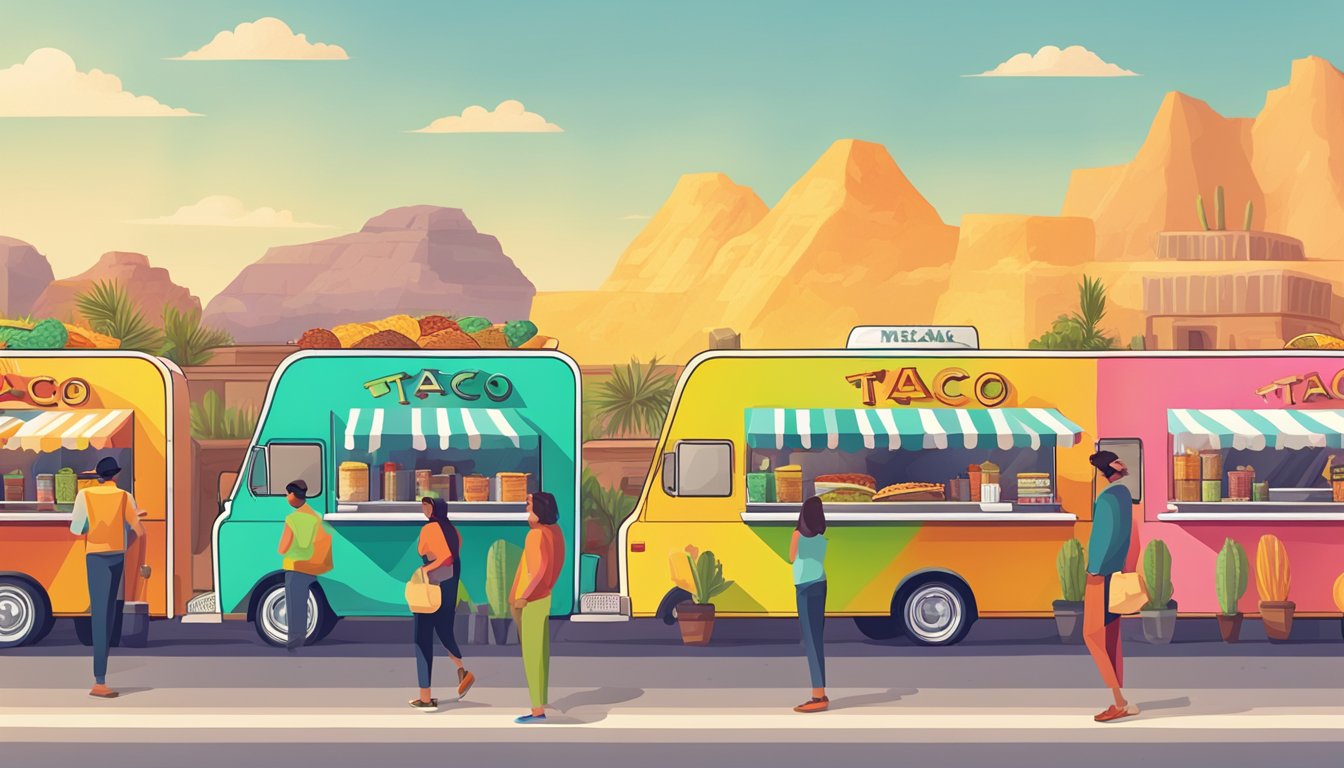 A row of colorful taco trucks lined up under the Texas sun, with customers eagerly waiting in line for their delicious and authentic Mexican street food