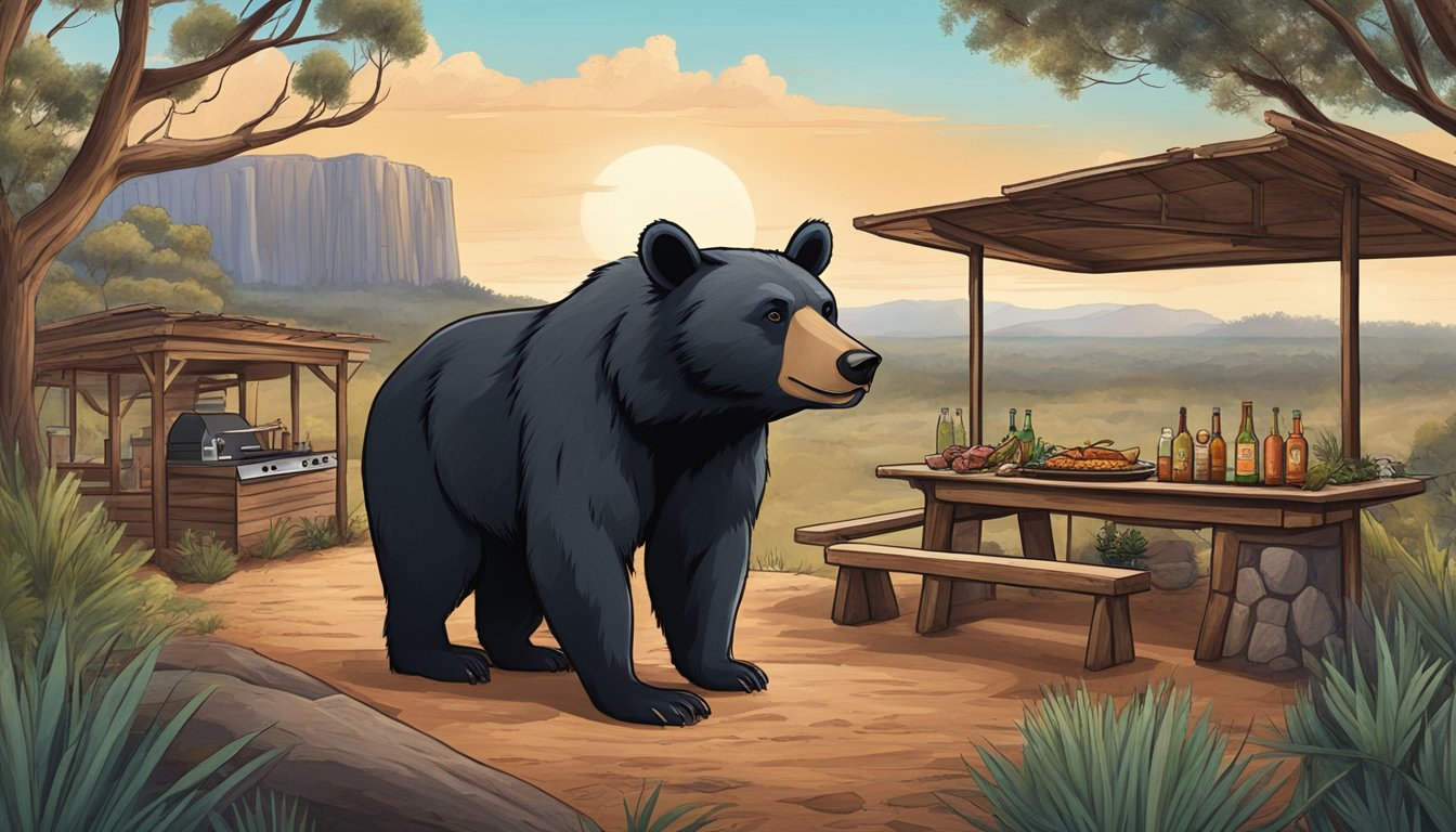 A rustic outdoor BBQ joint with a black bear mascot, surrounded by Australian outback scenery and indigenous flora