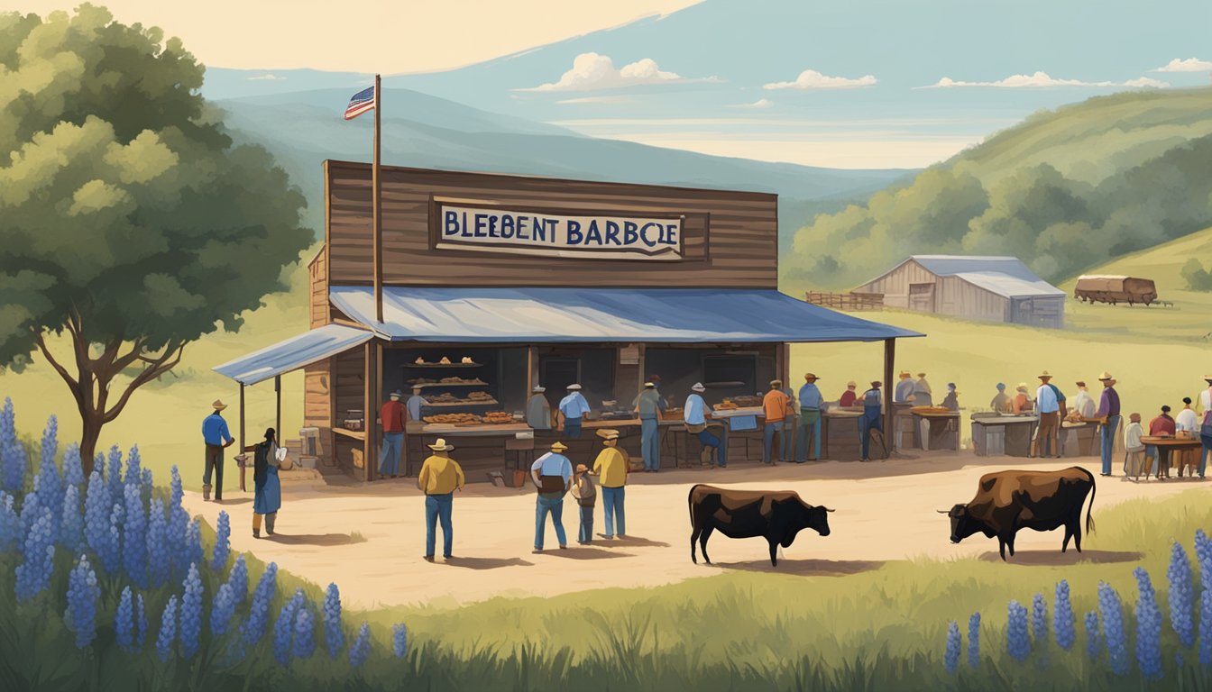 A rustic Texas-style barbecue joint with a sign reading "Bluebonnet Barbecue" surrounded by rolling hills and grazing cattle. Smoke billows from a large pit as customers line up for their must-try BBQ