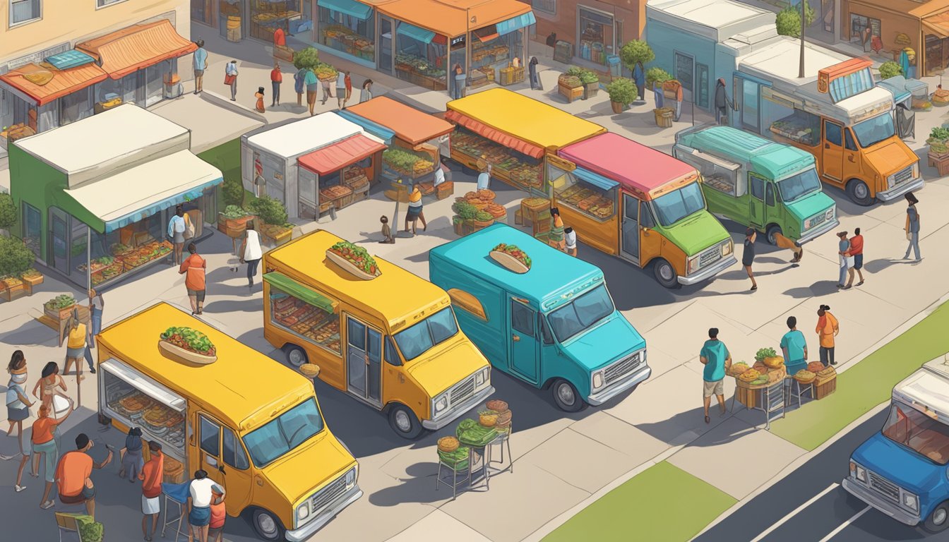 A bustling street scene with colorful taco trucks lined up, serving a variety of delicious tacos to eager customers in Texas