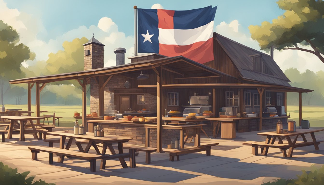 A rustic outdoor BBQ joint with a large smoker, picnic tables, and a Texas flag flying in the background