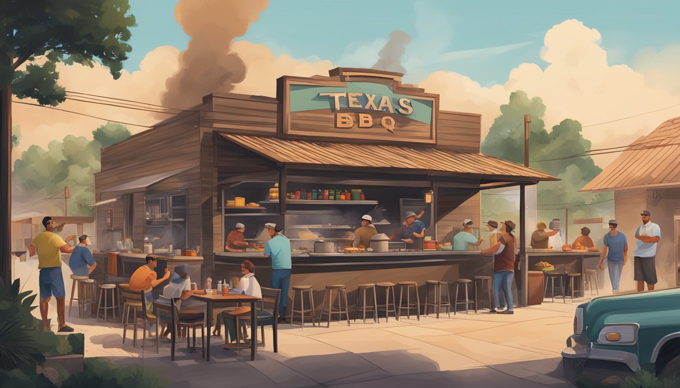 A bustling outdoor BBQ joint in Los Angeles, with a rustic Texas-style smoker billowing fragrant smoke into the air