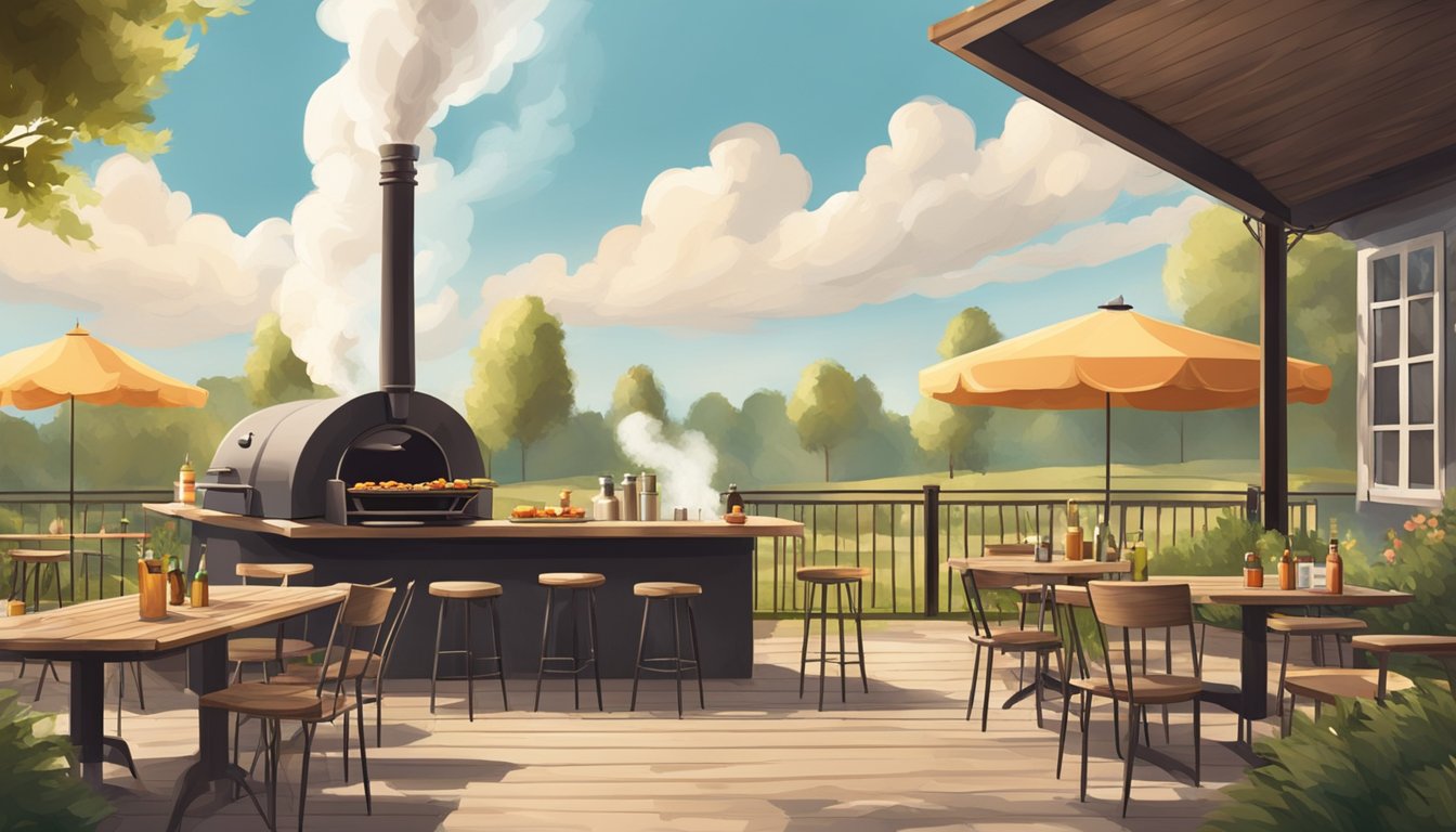 A rustic outdoor BBQ joint with a large smoker billowing fragrant smoke, surrounded by tables and chairs under a sunny sky