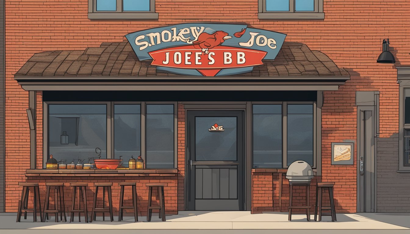 A rustic Texas-style BBQ joint with a red brick exterior, a large smoker billowing fragrant smoke, and a sign reading "Smokey Joe's BBQ" above the entrance