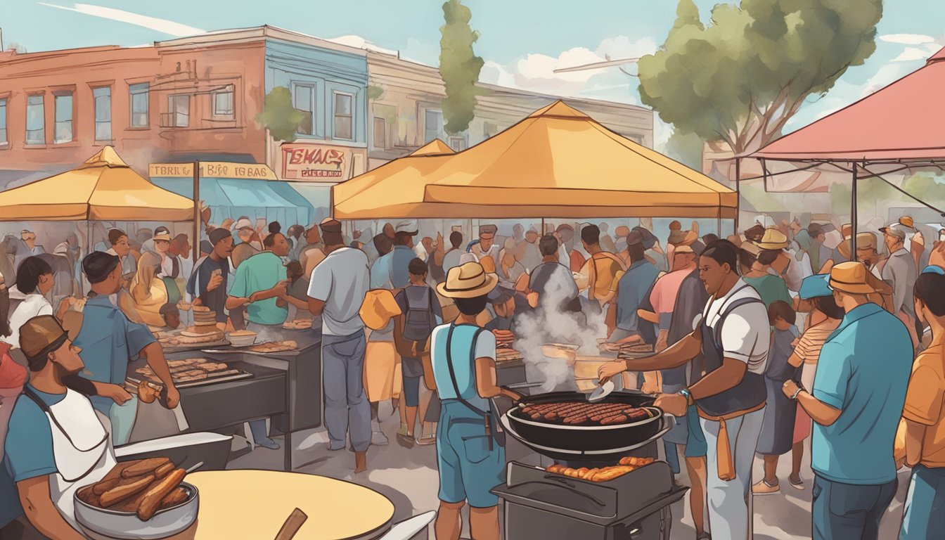 A bustling outdoor BBQ festival with smoke rising from various grills, and people enjoying authentic Texas BBQ in Los Angeles