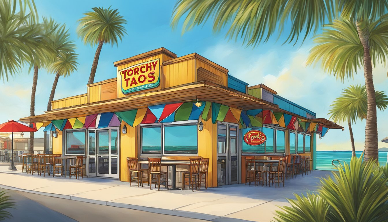 A colorful and bustling Torchy's Tacos location in Corpus Christi, with palm trees and ocean in the background