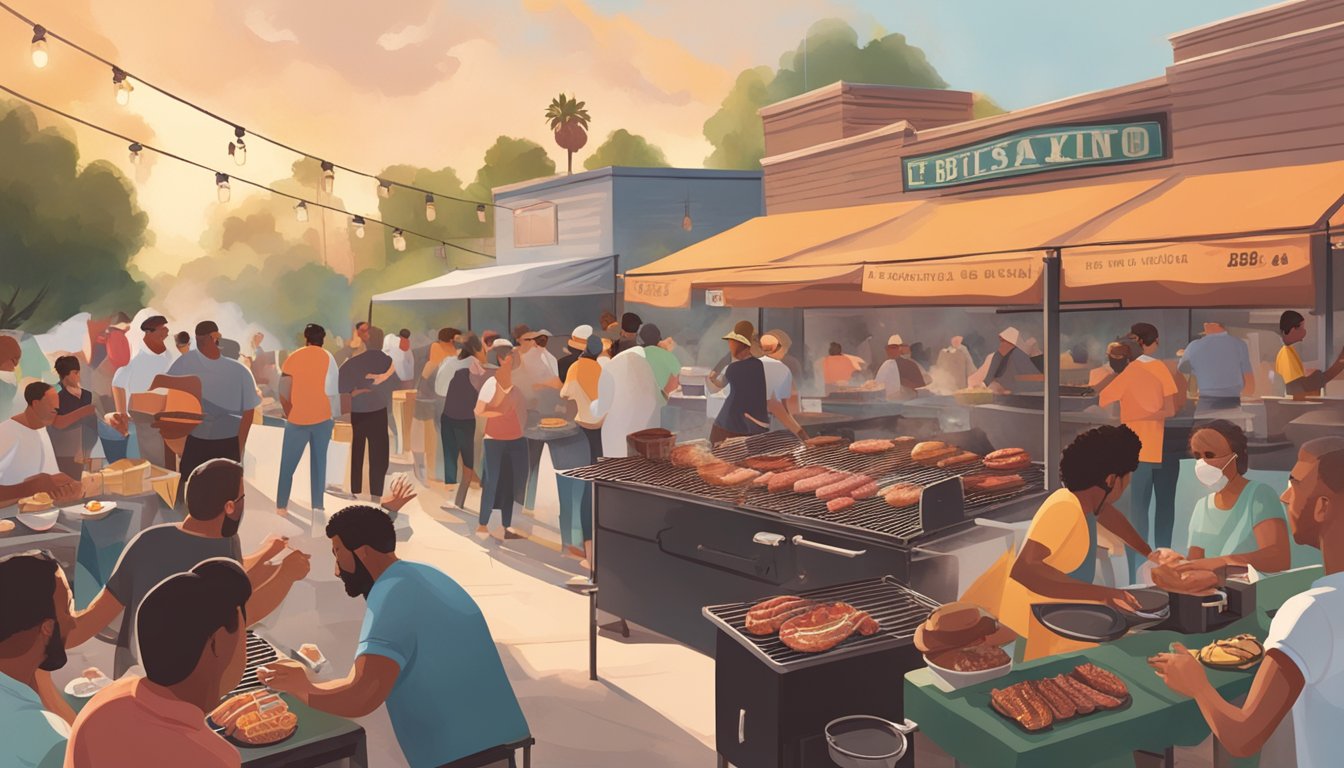 A bustling outdoor BBQ event with smoke billowing from grills, meat sizzling, and people enjoying authentic Texas BBQ in Los Angeles