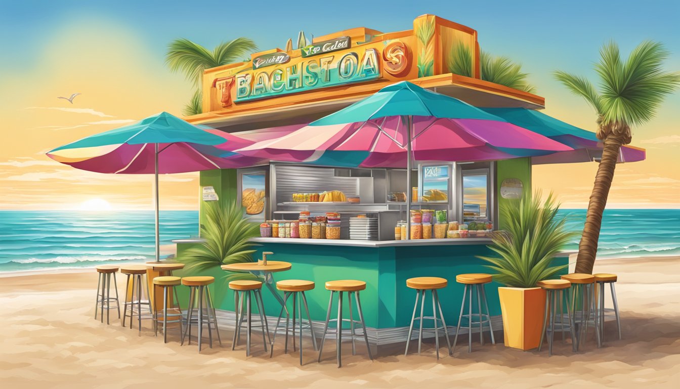 A colorful beachfront taco stand with a vibrant sign, palm trees, and a view of the gulf coast