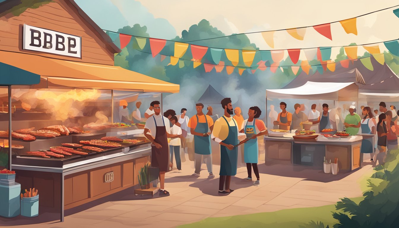 A bustling outdoor BBQ festival with smoke-filled air, sizzling grills, and a variety of savory meats and spices on display