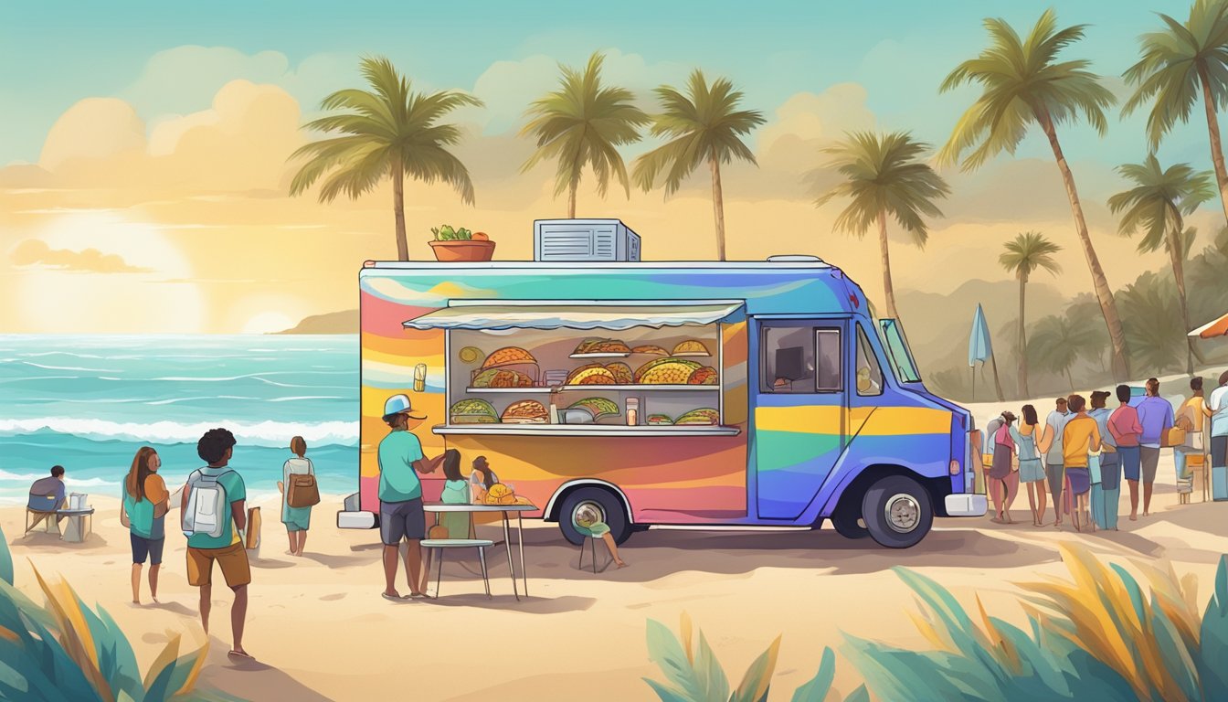 A colorful food truck parked on a sandy beach, waves crashing in the background, with a line of customers eagerly waiting for their tacos