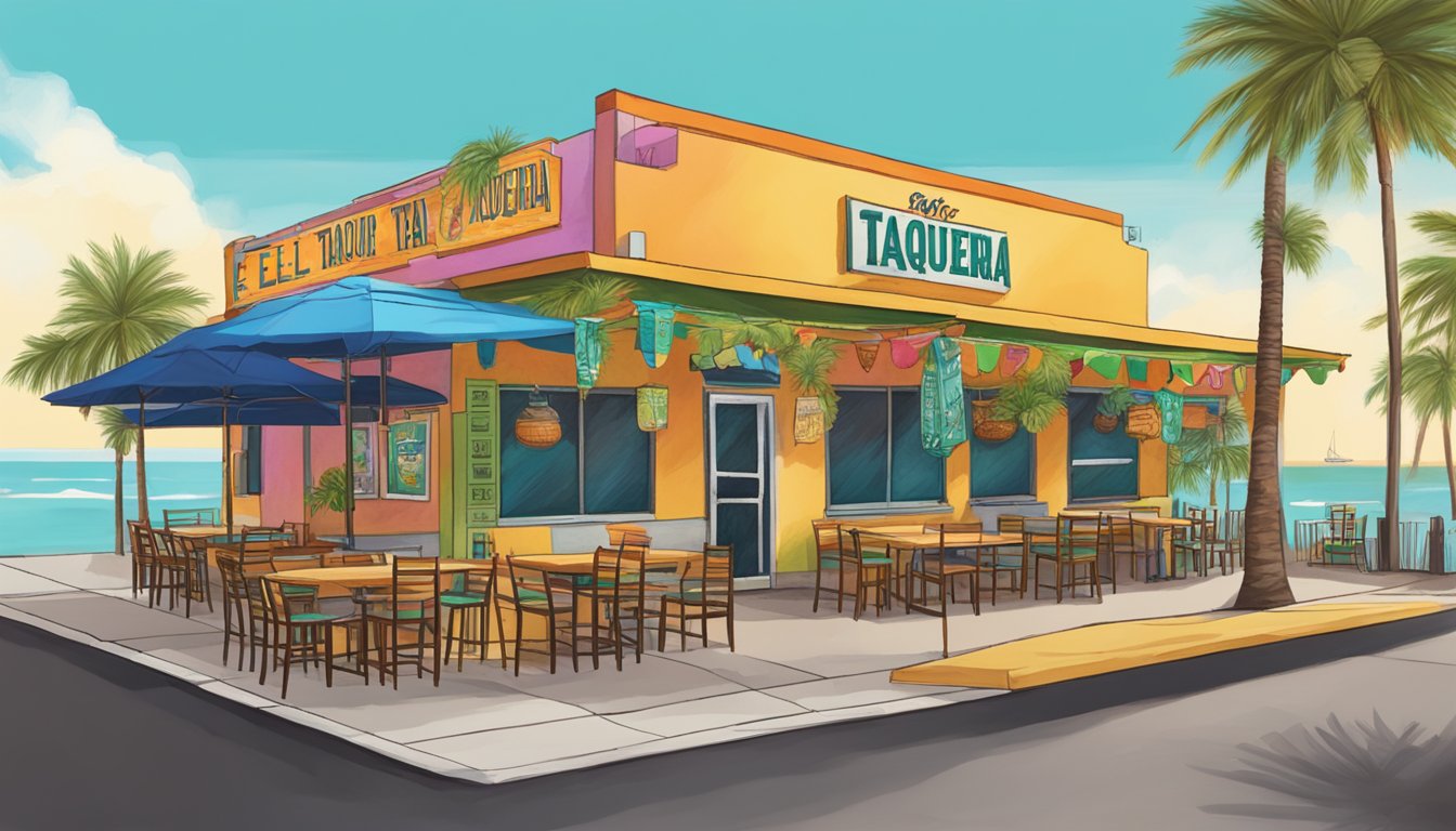 A colorful taqueria on the Texas gulf coast, with palm trees, a bustling outdoor seating area, and a vibrant sign reading "El Rey Taqueria."