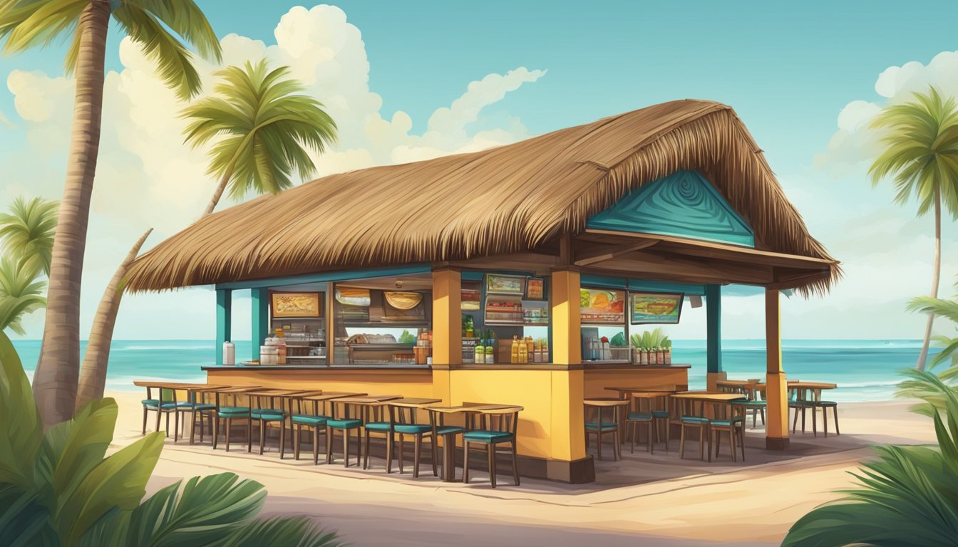 A colorful taqueria with a palm-thatched roof, surrounded by palm trees and the gulf coast in the background