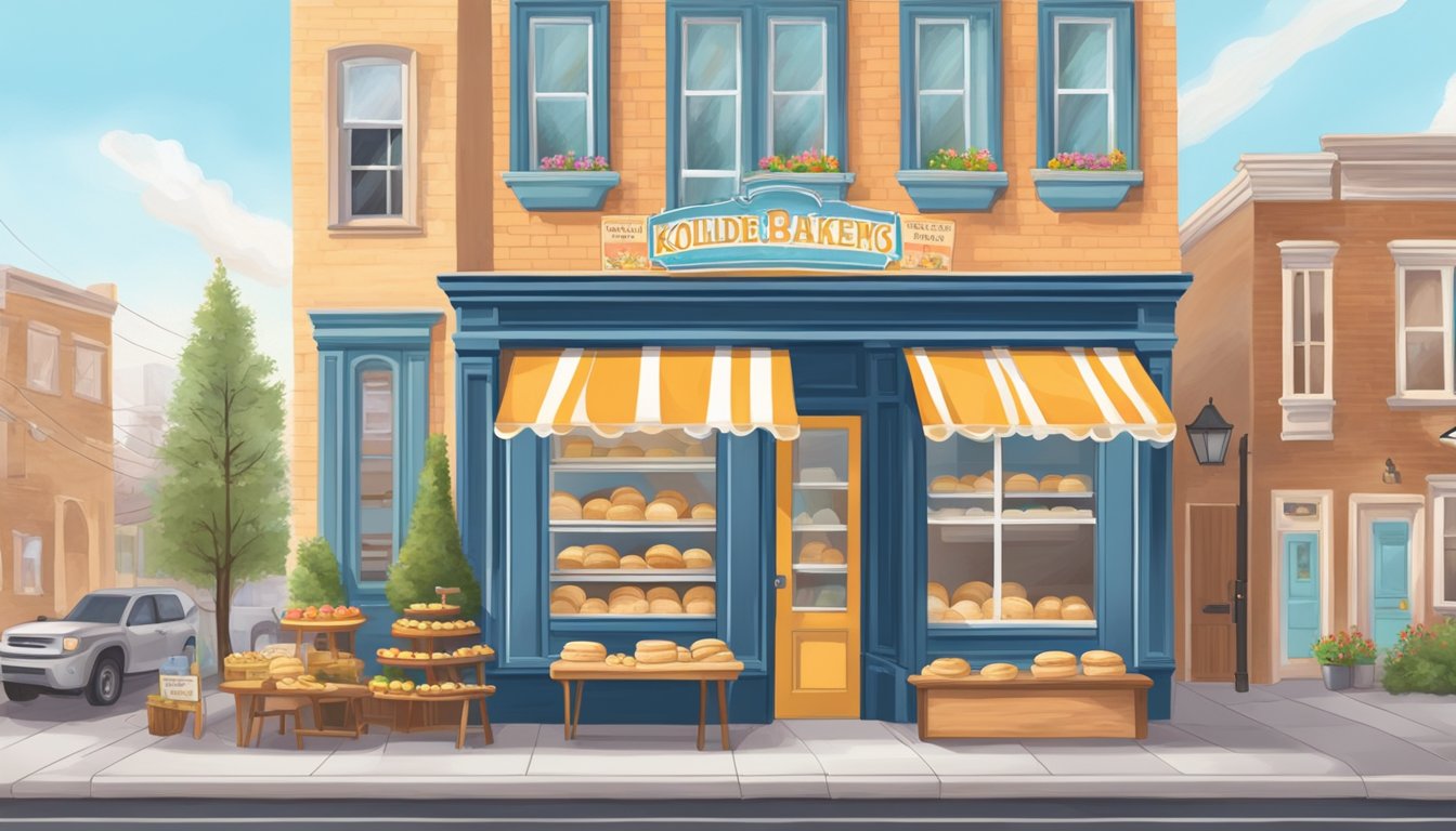 A quaint Texas-themed bakery with colorful signage and a display of freshly baked kolaches in a cozy Philadelphia neighborhood