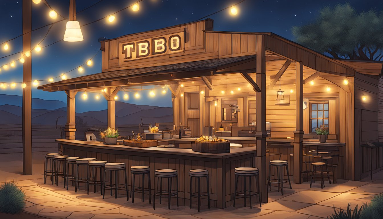 A rustic Texas BBQ joint in Phoenix, with a smoking pit and outdoor seating under string lights