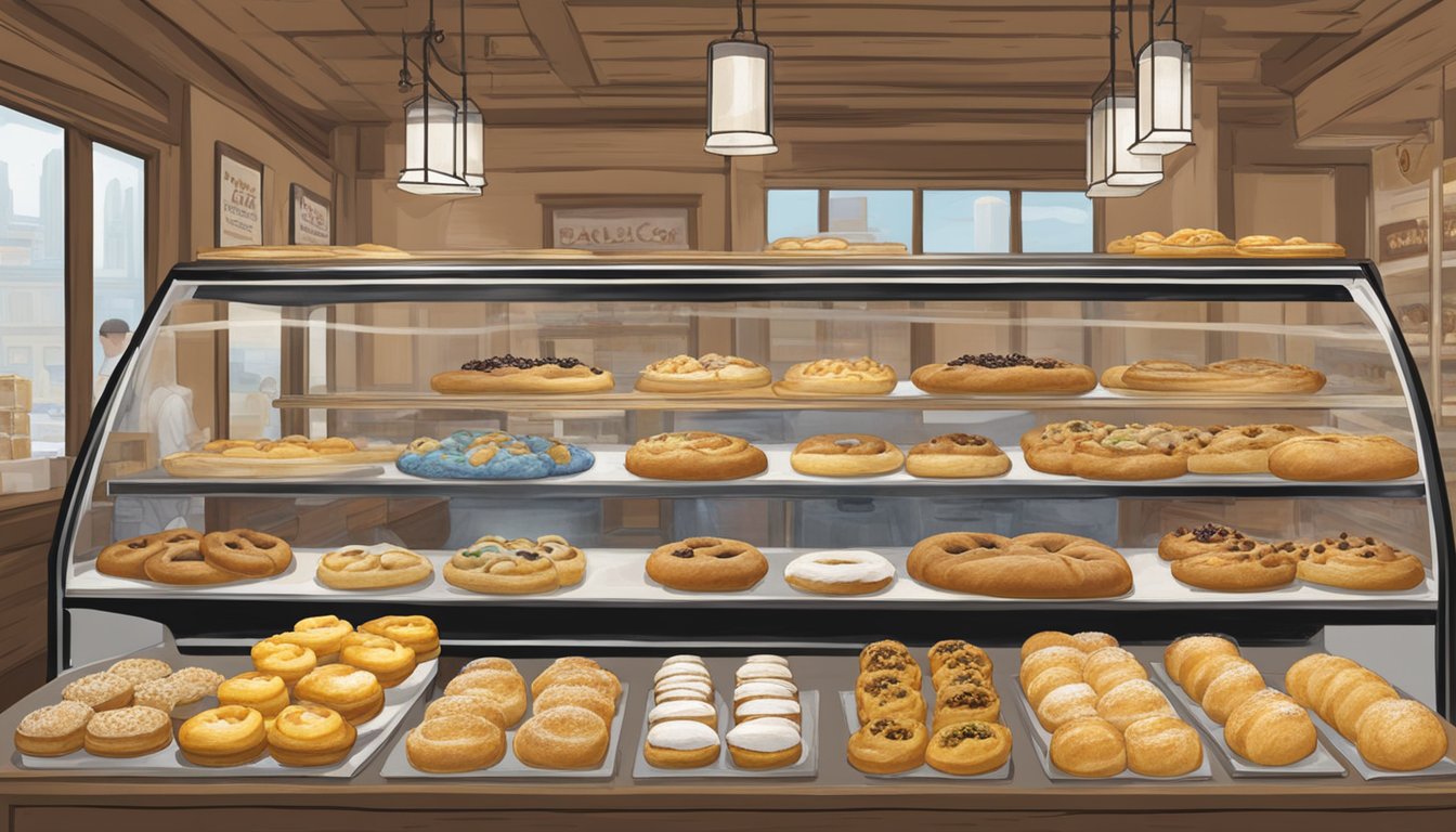 A rustic bakery display showcases a variety of creative kolache twists, with authentic Texas flavors, in Philadelphia. Customers eagerly line up to sample the unique pastries