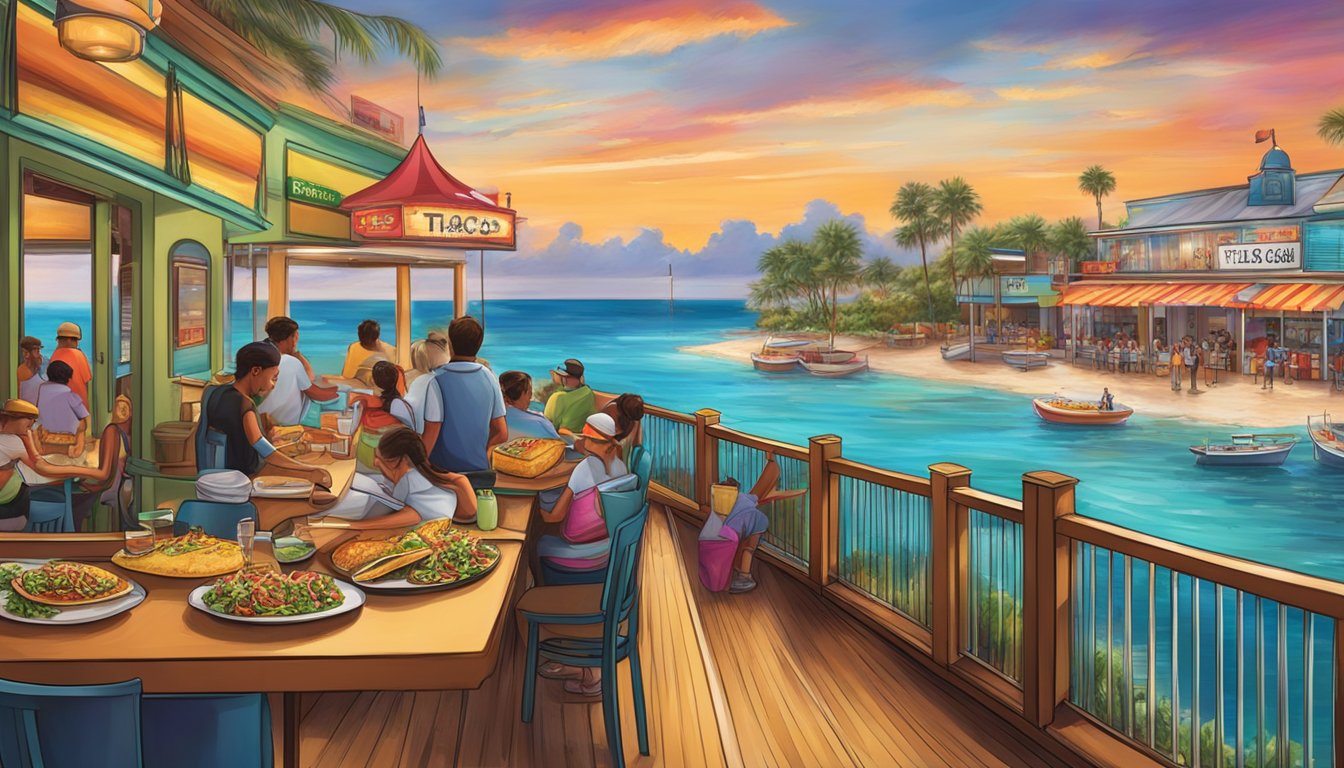 A bustling restaurant with colorful decor and a vibrant atmosphere, featuring a display of mouthwatering tacos and the Texas Gulf Coast in the background