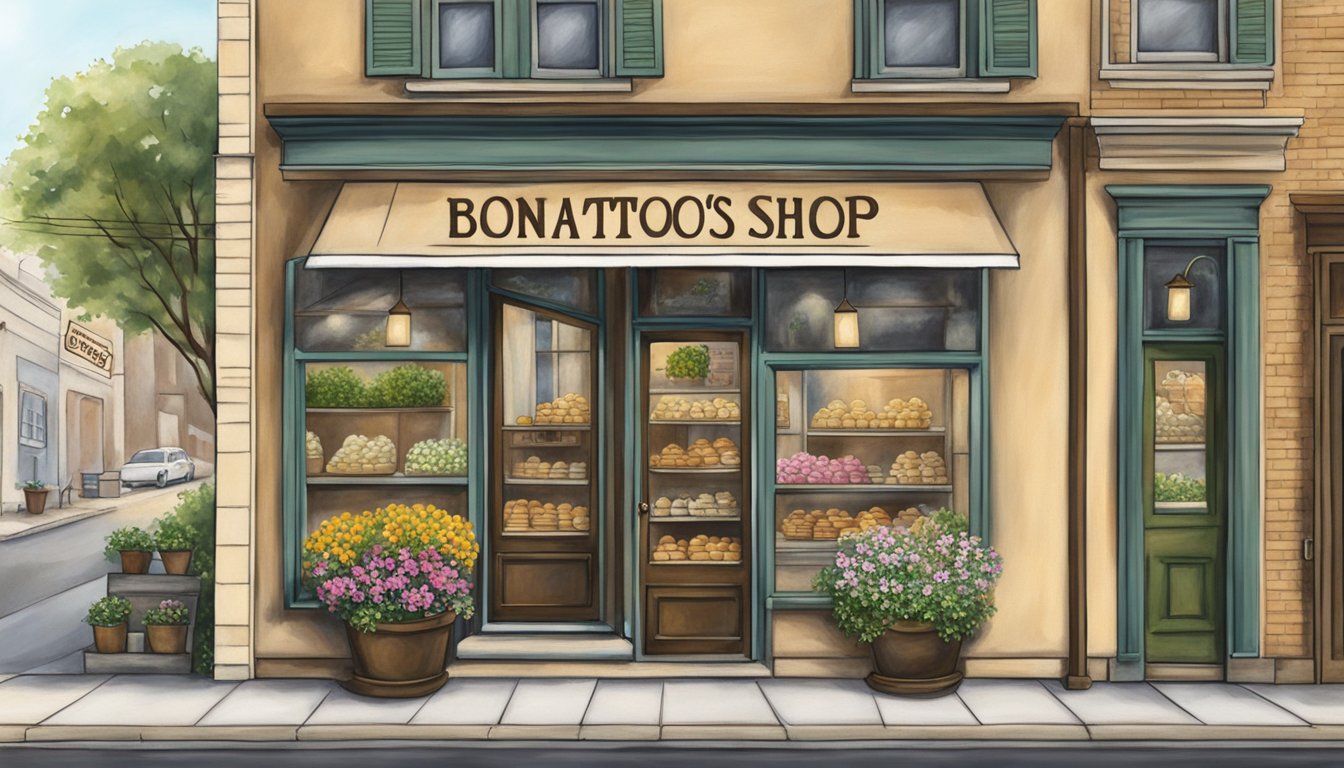 A quaint flower shop with a rustic sign advertising "Bonatsos' Flower Shop: Hidden Kolache Gem." A display of authentic Texas kolaches fills the window, enticing passersby with the promise of a taste of Texas in Philadelphia