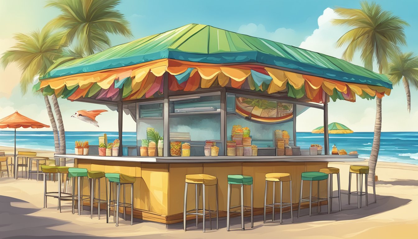 A colorful beachfront taco stand with palm trees, waves, and seagulls