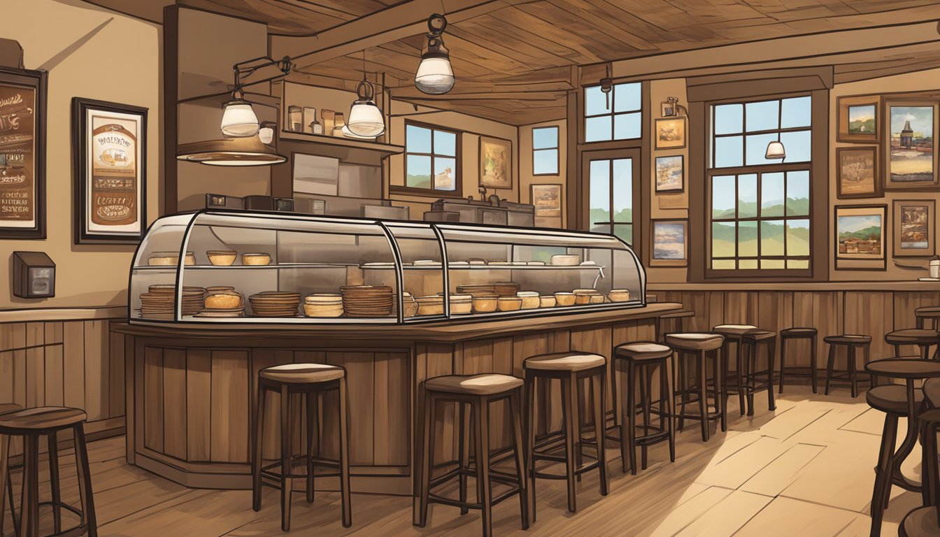 A warm, inviting cafe with rustic decor and a display case filled with various flavors of authentic Texas kolaches. Customers chat over steaming mugs of coffee in the cozy atmosphere