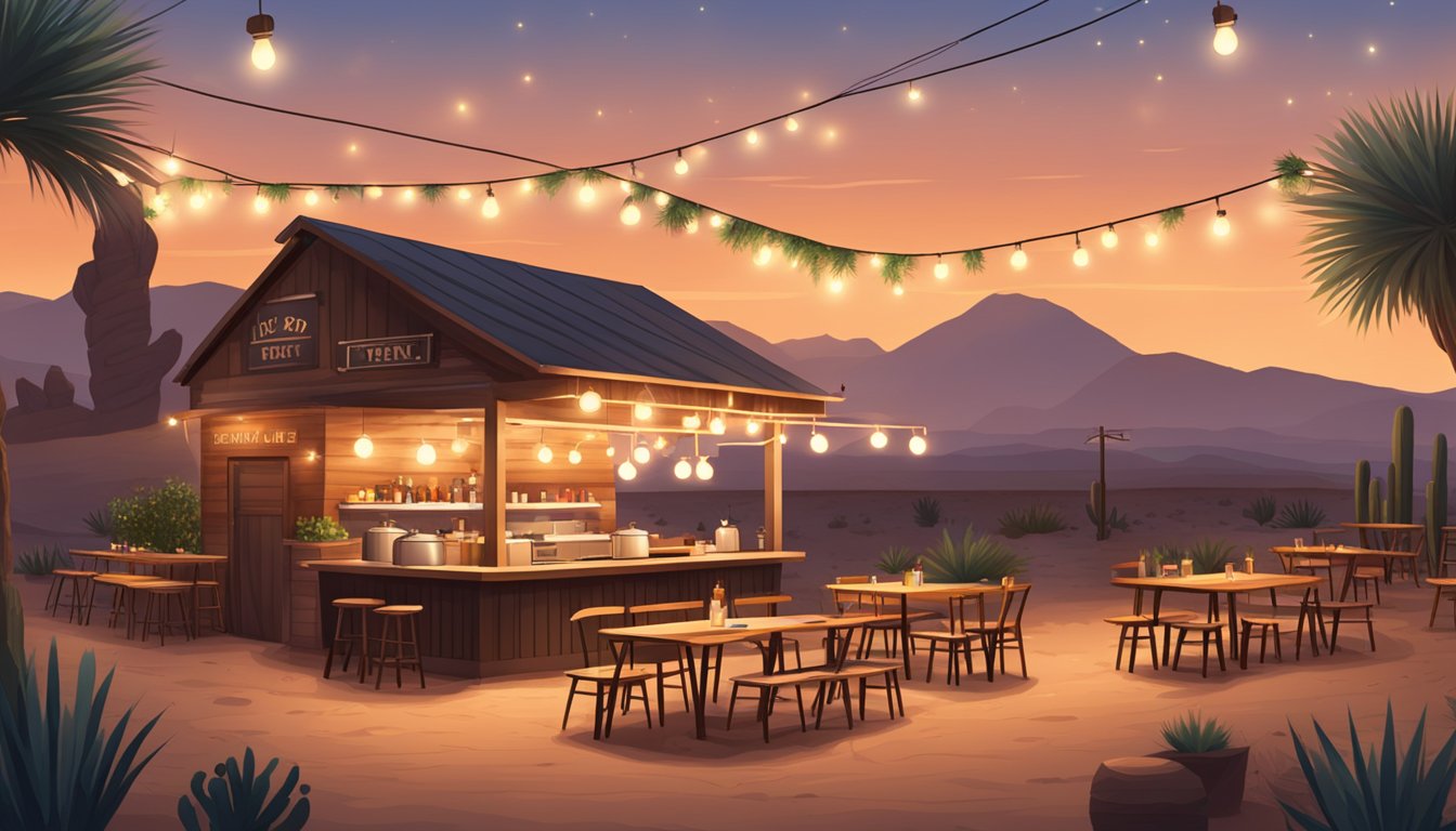 A bustling outdoor BBQ joint with a rustic wooden sign and tables under string lights, surrounded by desert landscape