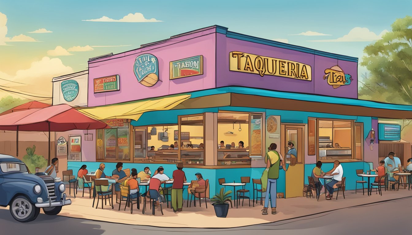 A bustling taqueria with colorful decor, outdoor seating, and a sign proclaiming "Taqueria El Viejon, Freeport - the best tacos on the Texas Gulf Coast."