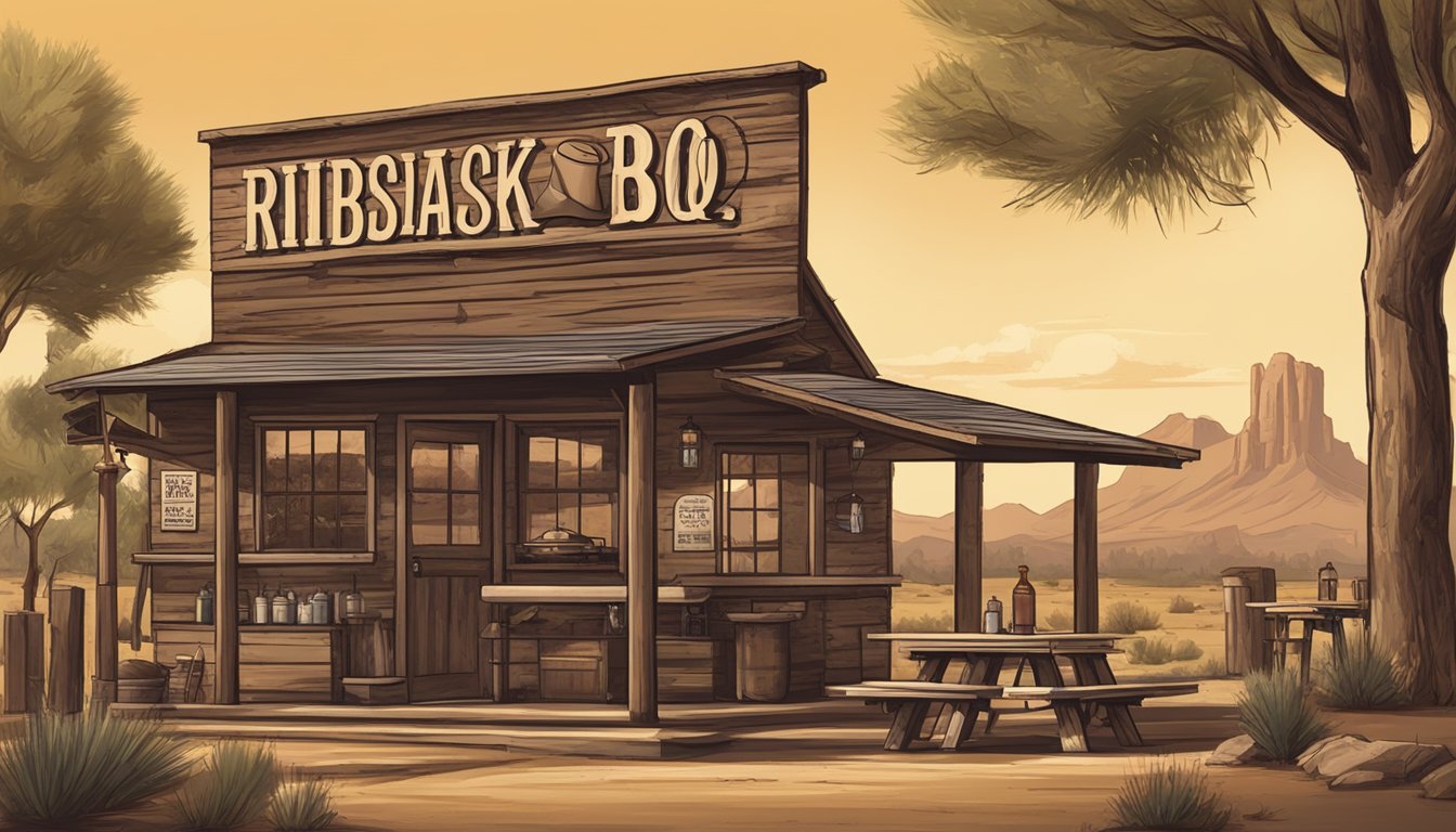 A rustic, outdoor BBQ joint in Phoenix, Arizona with a large smoker, picnic tables, and a sign reading "Ribshack BBQ." A cowboy hat hangs on a wooden post