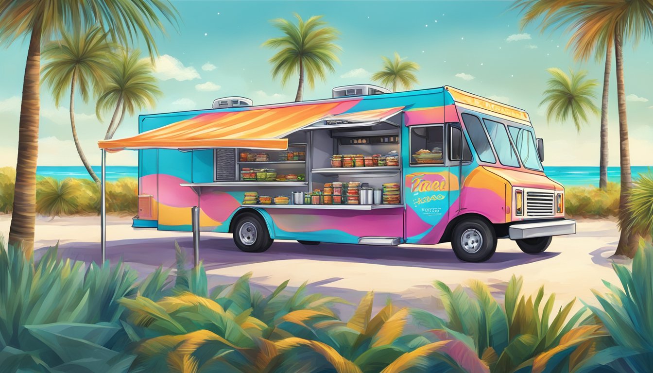 A colorful food truck surrounded by palm trees, serving up sizzling tacos with a view of the sparkling Gulf Coast