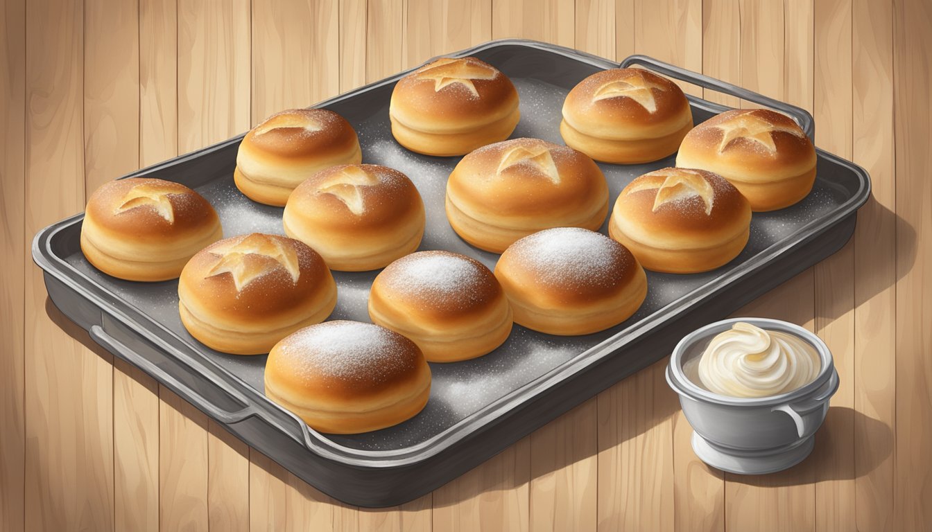 A tray of freshly baked kolaches sits on a rustic wooden table, steam rising from the warm, flaky pastries filled with savory meats and cheeses