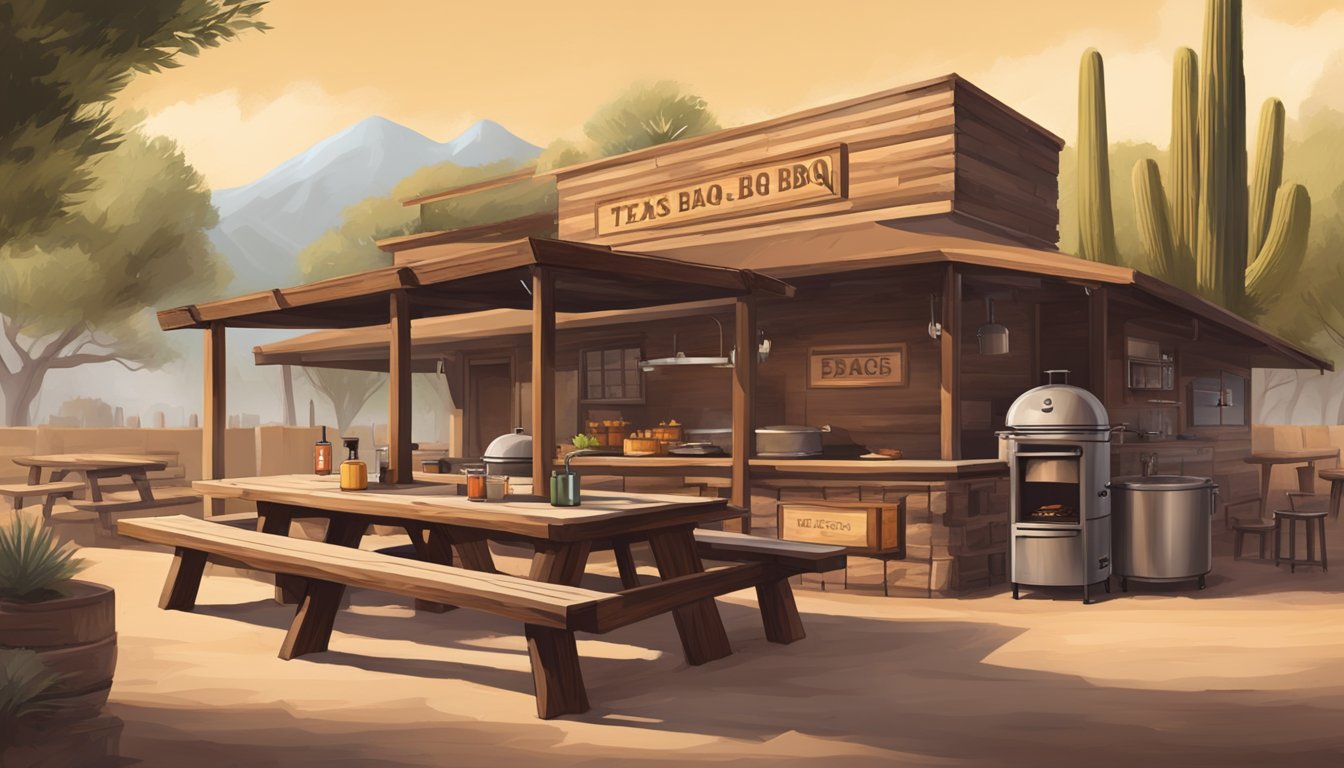 A rustic outdoor Texas BBQ joint in Phoenix, Arizona, with a smoky aroma, wooden picnic tables, and a large pit smoker