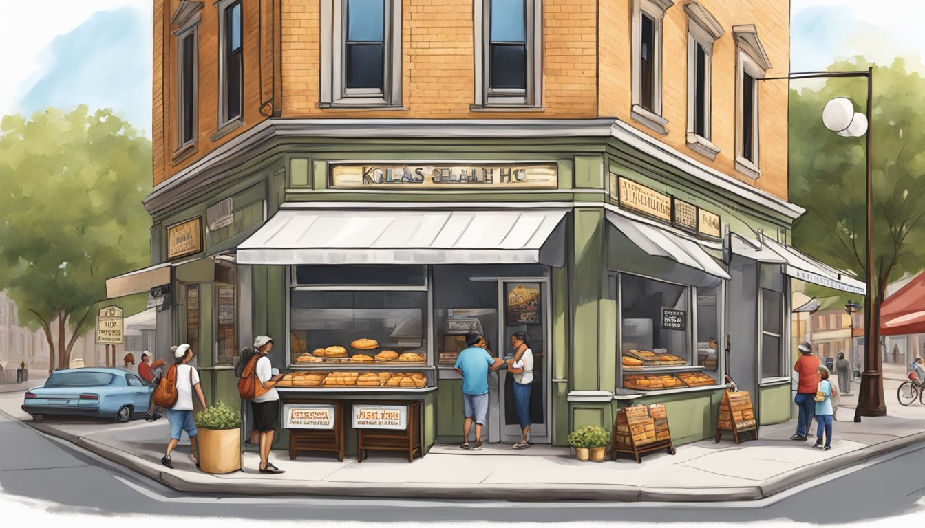 A bustling Philadelphia street corner with a quaint Texas-style deli serving up a variety of authentic kolaches to eager customers