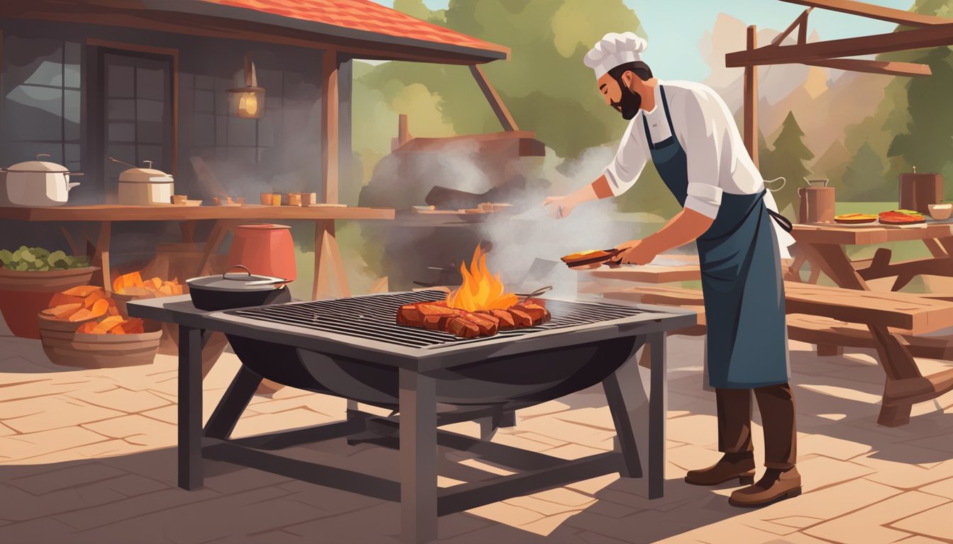 A rustic outdoor BBQ pit with a smoky aroma, surrounded by wooden picnic tables and a red-checkered tablecloth. A chef tends to sizzling meat over an open flame