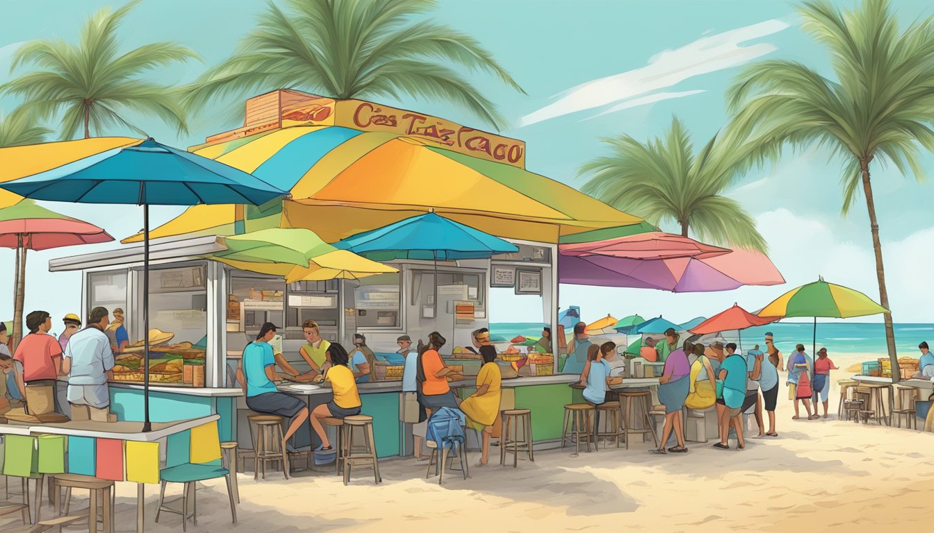 A bustling beachside taco stand with colorful umbrellas and a line of hungry customers waiting to order their favorite Texas Gulf Coast tacos