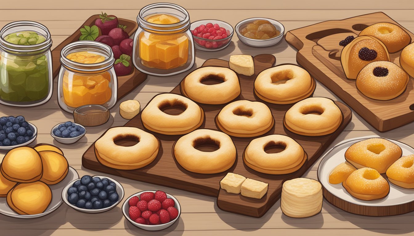 A display of warm, golden-brown kolaches arranged on a wooden cutting board, surrounded by jars of various fruit fillings