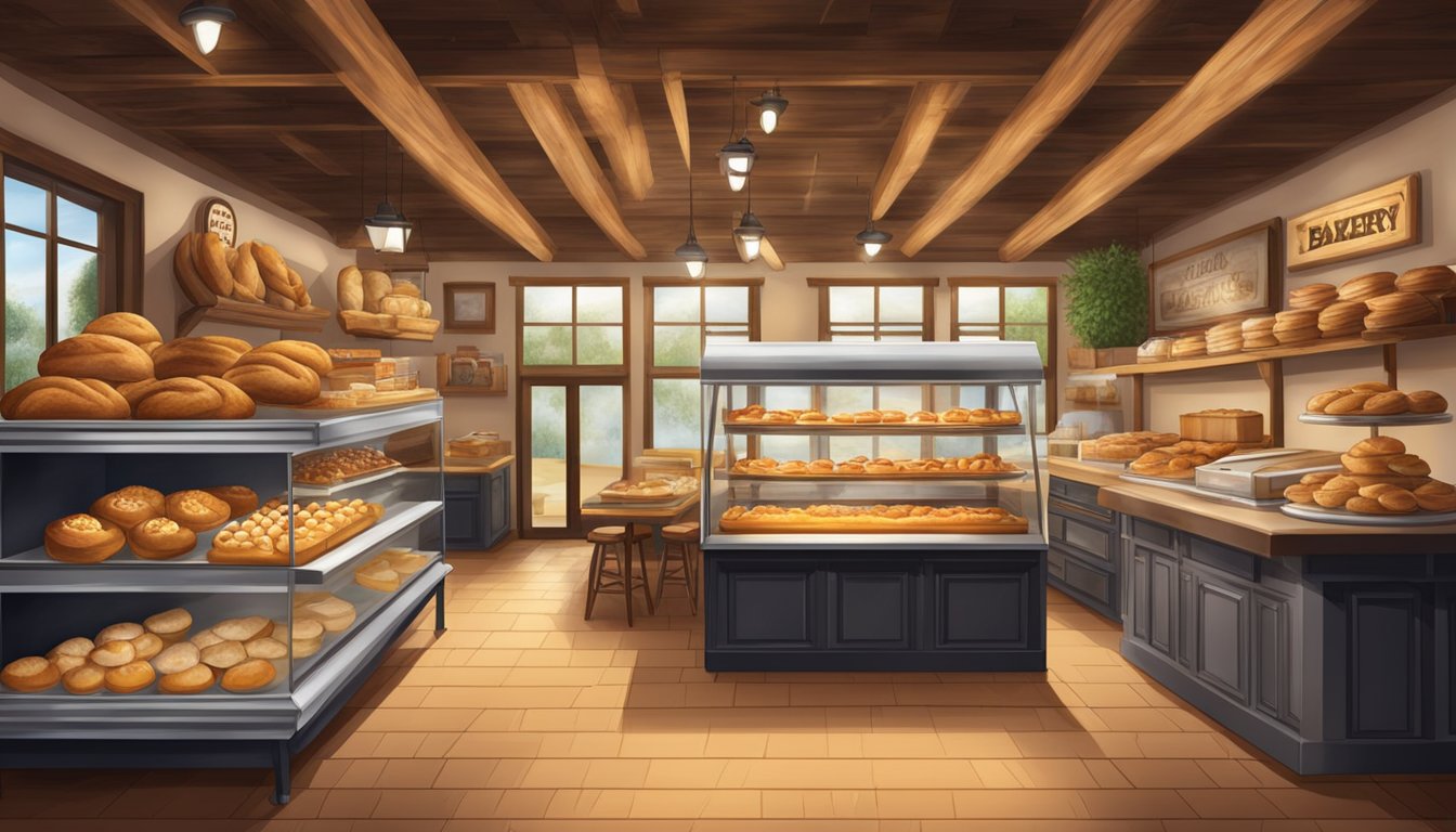 A rustic Texas bakery with a display of freshly baked kolaches, filled with savory meats and sweet fruits, surrounded by a warm, inviting atmosphere