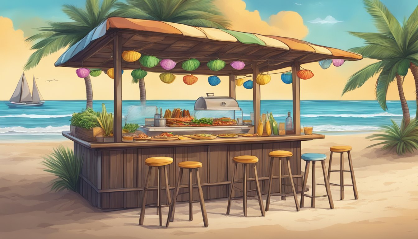 A colorful seaside scene with a rustic beachside grill serving up a delicious fish taco, surrounded by palm trees and crashing waves