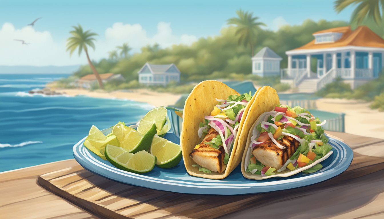 A vibrant beachside scene with a plate of grilled Mahi Mahi tacos, surrounded by coastal decor and the ocean in the background