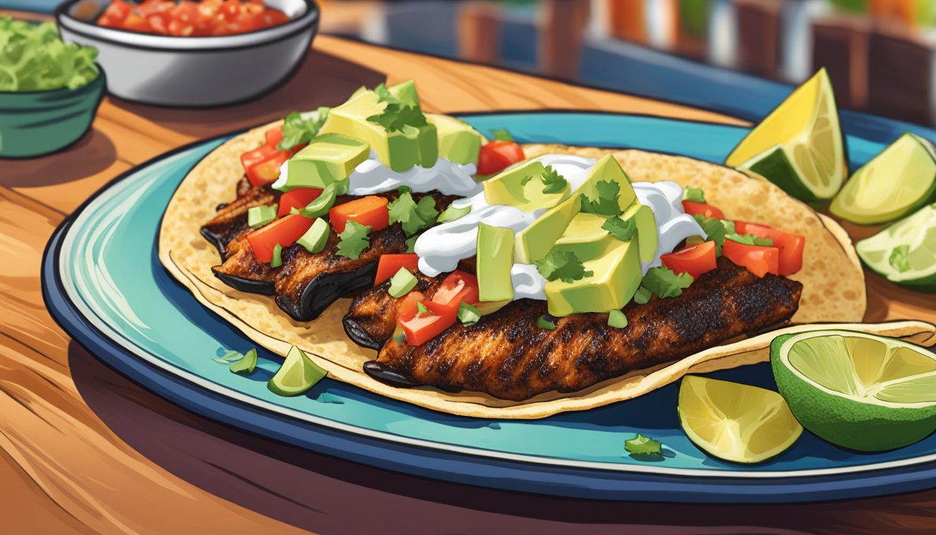 A sizzling blackened fish taco topped with fresh salsa and creamy avocado, served on a vibrant plate at Doc's Seafood & Steaks on the Texas coast