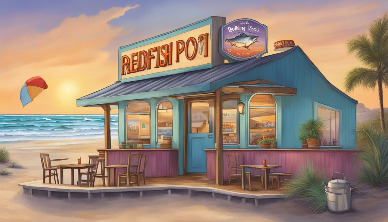 A colorful beachside restaurant with a steaming pot and a sign advertising "Redfish Taco - The Boiling Pot" on the Texas coast